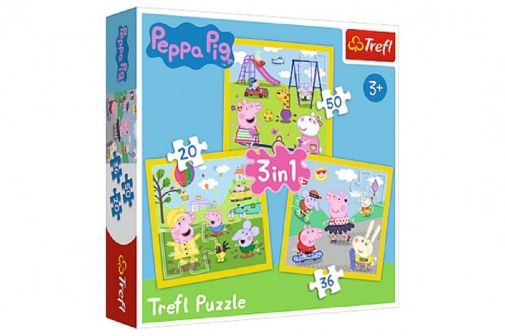 Trefl Puzzle - Peppa Pig: Šťastný den prasátka Peppy 3v1 - 20, 36 a 50 dílků