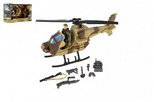 Teddies Vrtulník/helikoptéra vojenský s vojákem plast s doplňky v krabici 27x18x11,5cm