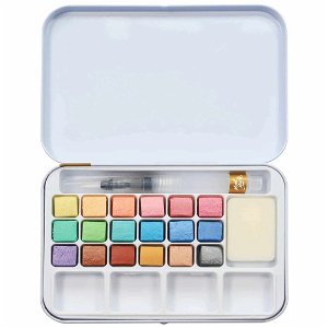 MontMarte Sada akvarelových barev METALLIC - 18 ks - štětec, houbička, paleta č.0085 - kovový box