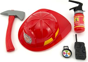 TEDDIES Hasičská sada helma/přilba + hasičák stříkací vodu plast 5ks v sáčku