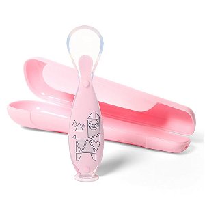 BABY-ONO Baby Ono silikonová lžička široká s pouzdrem pink