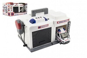 Teddies Garáž + auto ambulance 15 cm plast na baterie se světlem se zvukem v krabici 37x20x24,5cm