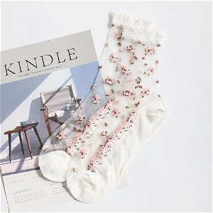 Popron Průhledné ponožky s květy - bílé
