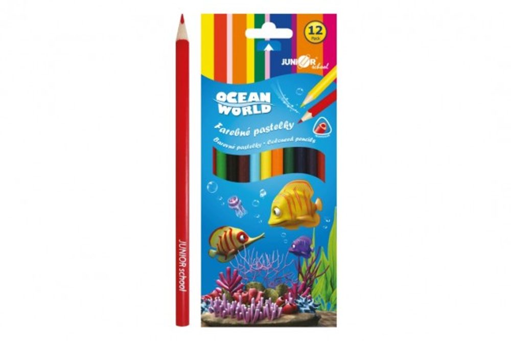 Popron Pastelky barevné dřevo Ocean World trojhranné 12 ks v krabičce 9x20,5x1cm 12ks v krabici