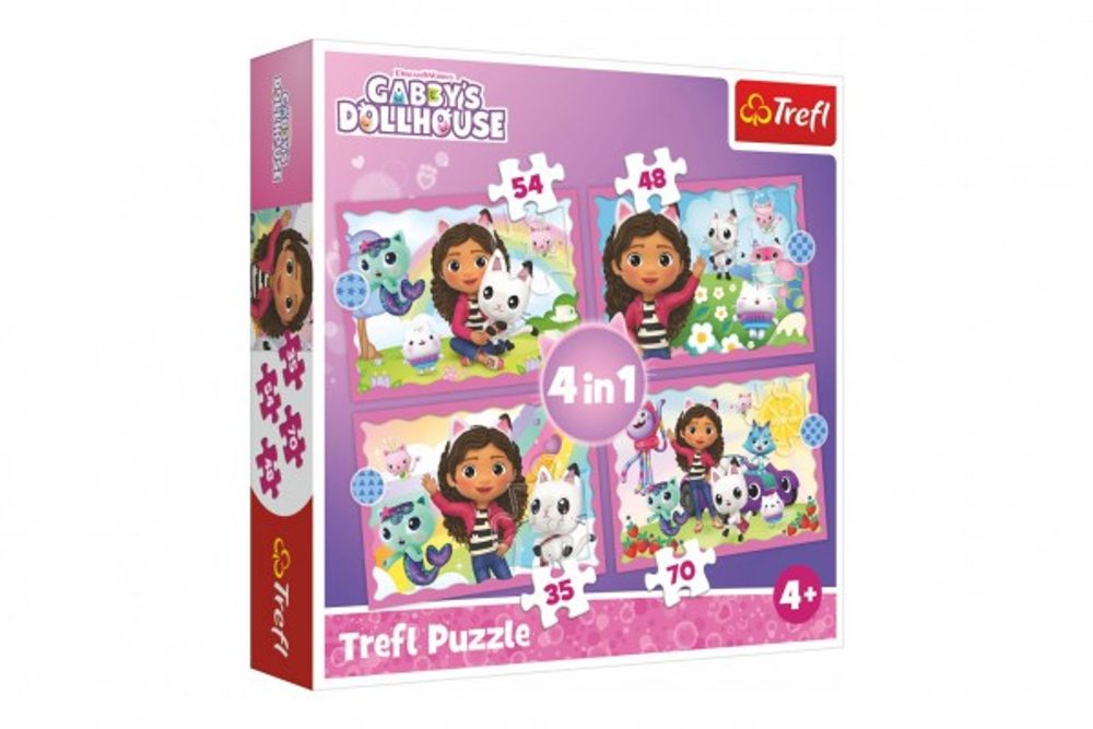 Trefl Puzzle 4v1 Gabbyina dobrodružství/Gabby´s Dollhouse 28,5x20,5cm v krabici 28x28x6cm