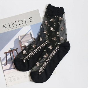 Popron Průhledné ponožky s květy - černé