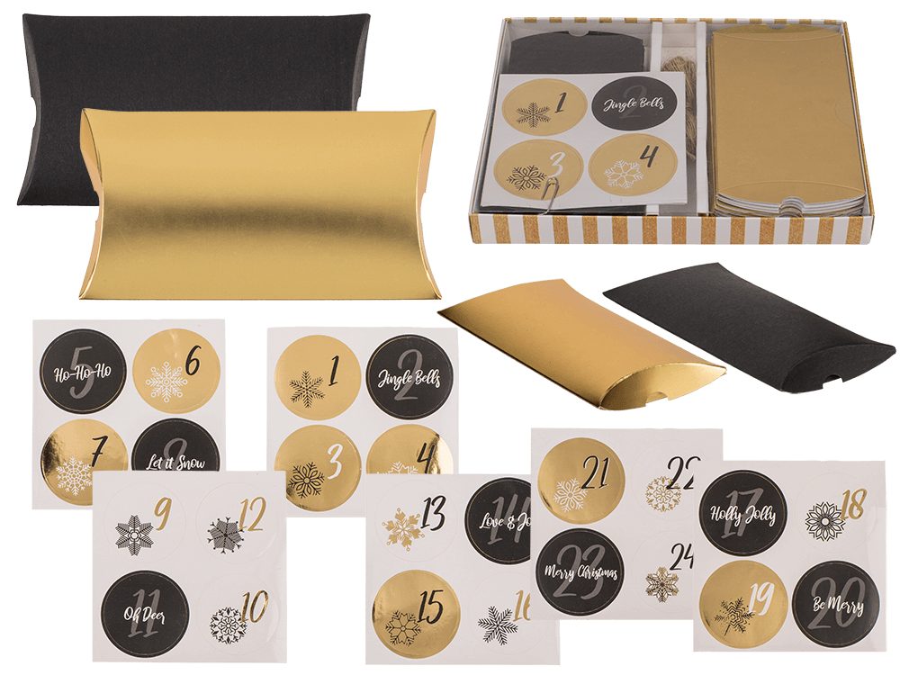 Popron Černý/zlatý adventní kalendář, krabičky na polštáře