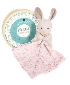 Doudou et Compagnie Paris Doudou Plyšový králiček s růžovou dečkou z BIO bavlny 15 cm