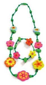 WOODYSouprava náhrdelník a náramek Zelený s květinami