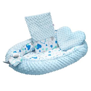 NEW BABY Luxusní hnízdečko s polštářkem a peřinkou z Minky modrá srdíčka Bavlna/Polyester, 55x75 cm