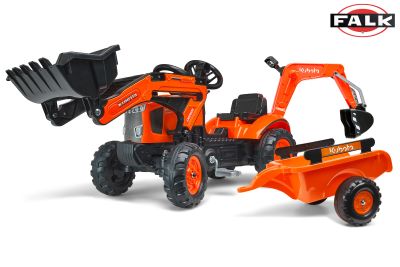 Falk šlapací traktor 2065N Kubota backhoe s předním bagrem a přívěsem s otočným bagrem