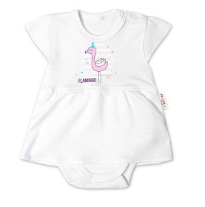 Baby Nellys Bavlněné kojenecké sukničkobody, kr. rukáv, Flamingo - bílé, vel. 62