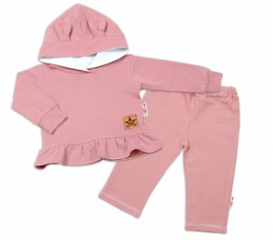 BABY NELLYS Dětská tepláková souprava s kapucí a oušky, pudrově růžová,starorůžová, vel.98