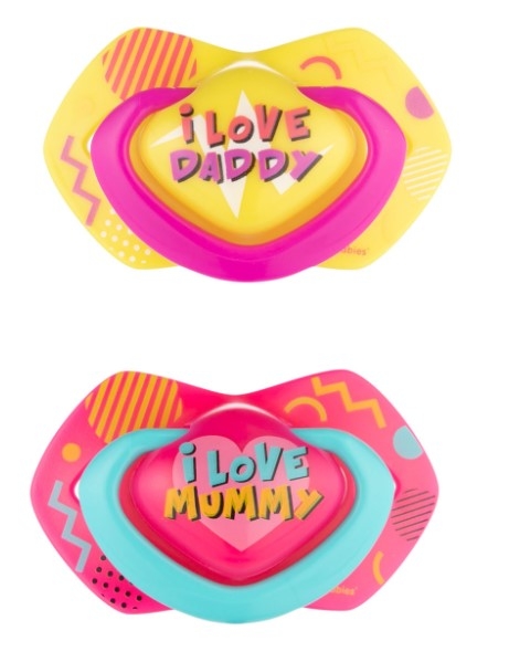 Canpol Babies 2 ks symetrických silikonových dudlíků, 0-6m, Neon Love Baby, růžovo, žluté