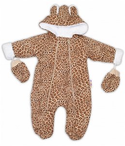 Baby Nellys Zimní kombinézka s kapucí a oušky + rukavičky, Gepard - hnědá, vel. 68