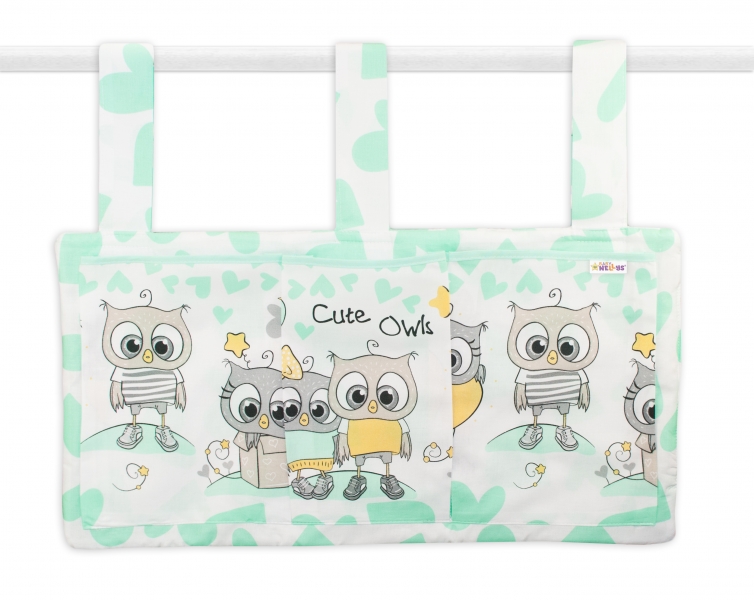 Baby Nellys  Kapsář na postýlku 3 kapsy - Cute Owls - zelený
