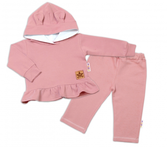 BABY NELLYS Dětská tepláková souprava s kapucí a oušky, pudrově růžová,starorůžová, vel.86