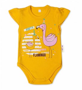 Baby Nellys Bavlněné kojenecké body, kr. rukáv, Flamingo - hořčicové, vel. 80