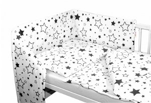 3-dílná sada - mantinel s povlečením - Černé hvězdy a hvězdičky - bílý, 135x100 cm
