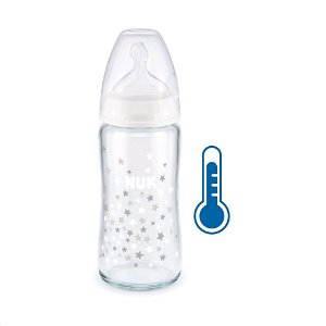 Skleněná kojenecká láhev NUK FC s kontrolou teploty 240 ml - bílá